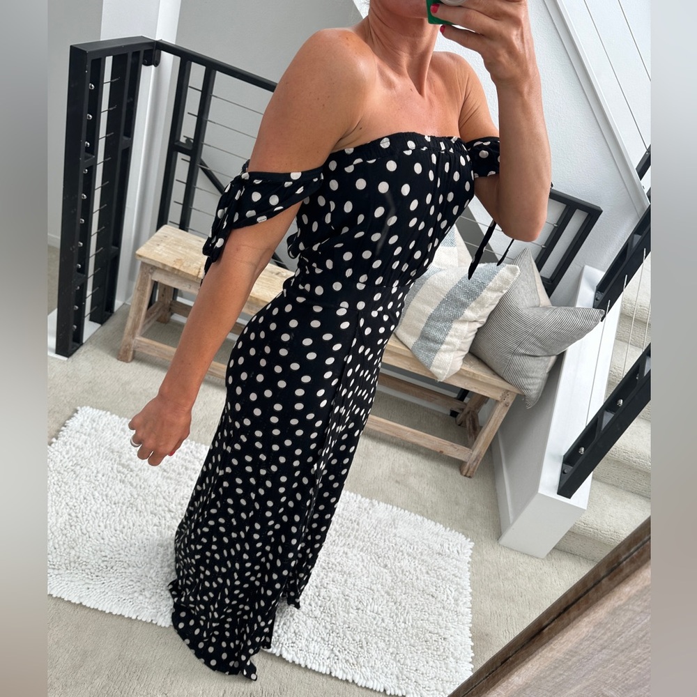 Olivaceous Black & White Polka Dot Off-Shoulder Maxi Dress | M - Picture 5 of 13